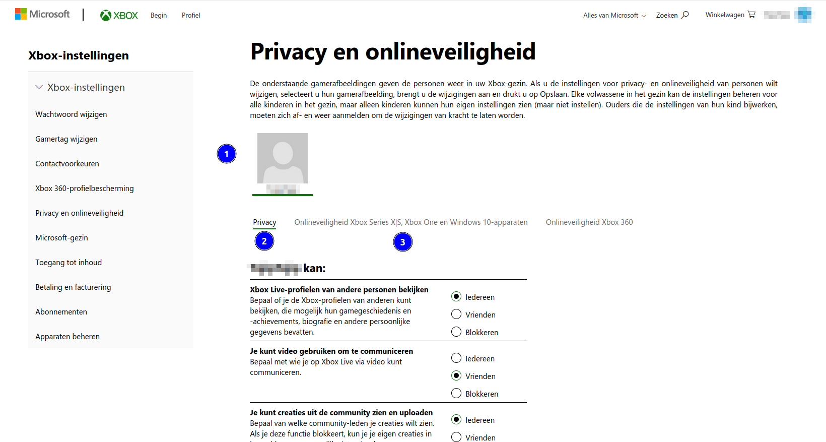 Privacy en onlineveiligheid dashboard op account.xbox.com